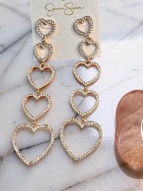 Jessica Simpson,dangling hearts,drop style,shoulder, duster,rhinestone,statement